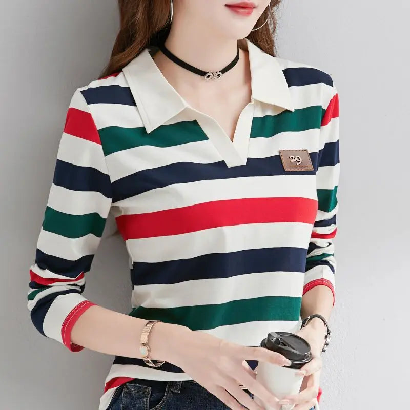 Slimming Striped Polo T-Shirt for Women 100% Cotton Long Sleeve Innerwear for 2026 Transitional Wardrobe