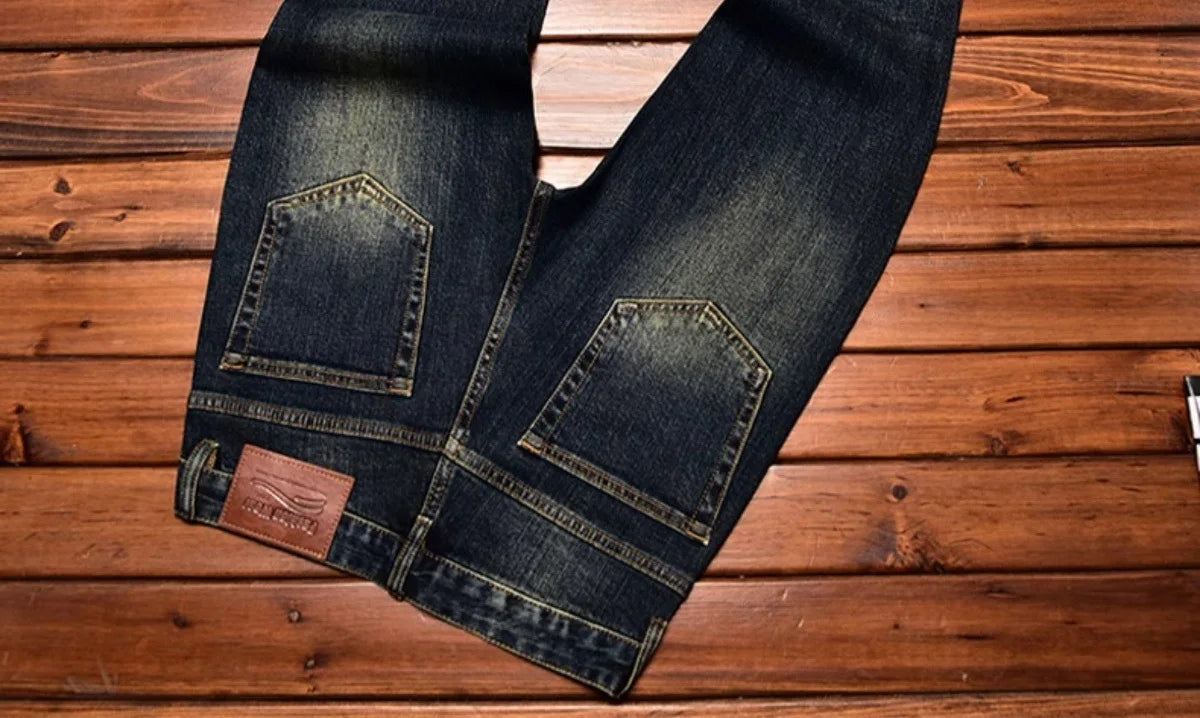 Autumn and winter light luxury printed jeans MEN'S slim fit skinny elastic trend fashionable retro blue denim trove