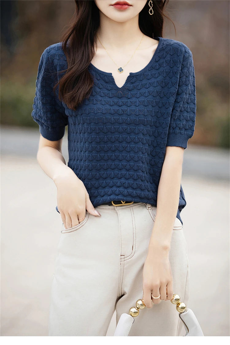 Women's T-shirt Summer New 100% Pure Cotton Tees Casual Solid Knitted Short sleeved V-neck Pullover Loose Tops Fashion Sweater