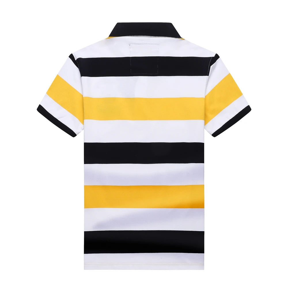 A short-sleeve polo shirt with horizontal stripes of black, white, and yellow, shown from the back on a plain white background.