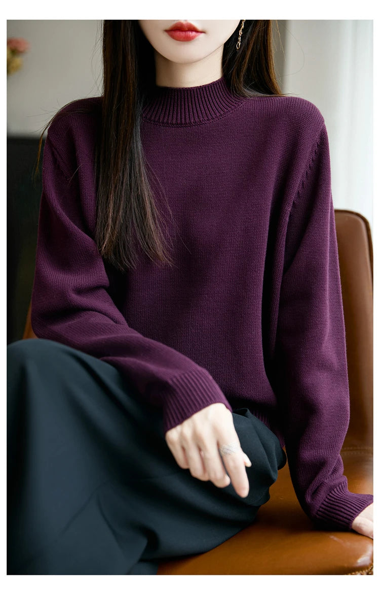 100% Pure Cotton Women's Knitted Sweater Solid Color Round Neck Pullover Loose Cotton Sweater Autumn and Winter New Women's Top