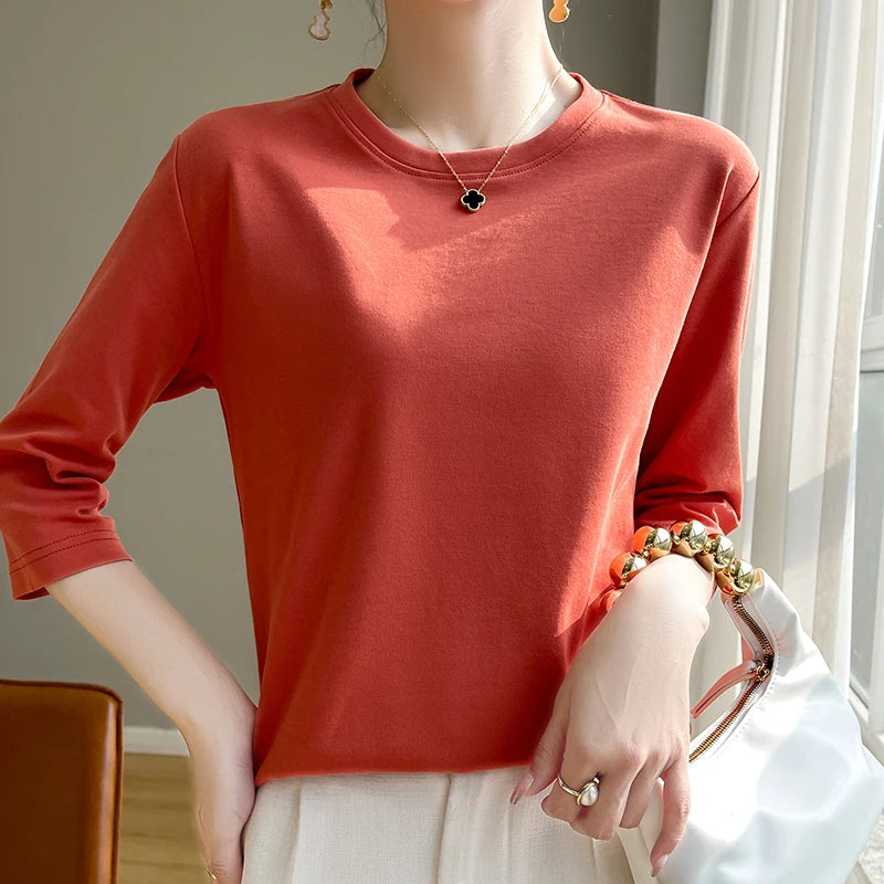 Summer Cotton Short-Sleeved T-Shirt Women's Round Neck Seven-Point Sleeves Loose Mercerized Cotton Half-Sleeve Shirt New T-shirt