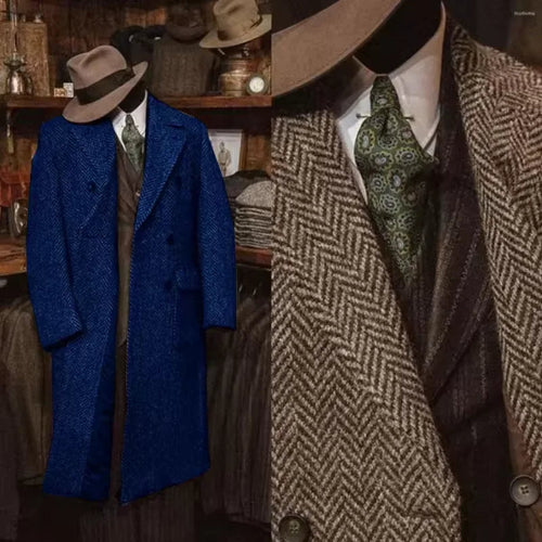 Collage of vintage-style clothing including a blue coat, brown herringbone coat, and patterned tie.