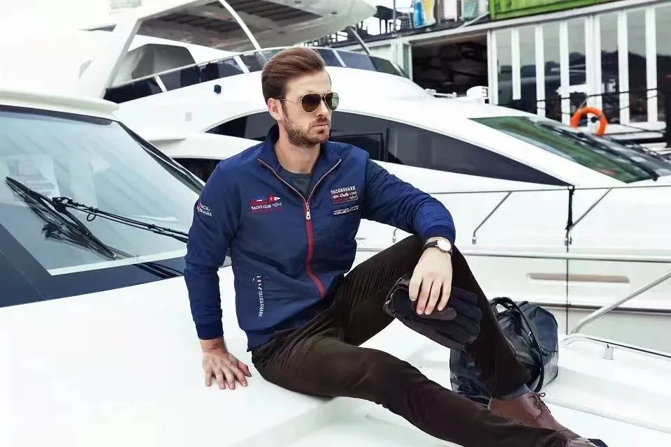 TACE&SHARK Autumn Winter Fashion Men's Blue Windbreakers Embroidery Military Bomber Jacket Business Coat Casual Outerwear