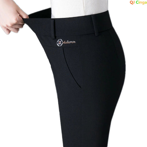 Black pants with a visible brand logo on a white background