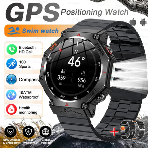 GPS positioning watch with black metal band on a white background