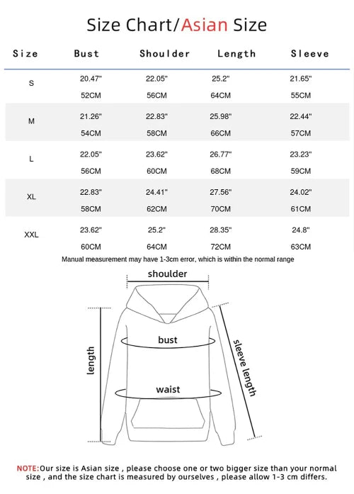 Size chart for clothing measurements in Asian size system