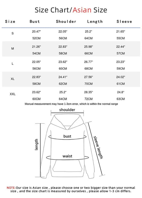 Size chart for clothing measurements in Asian size system