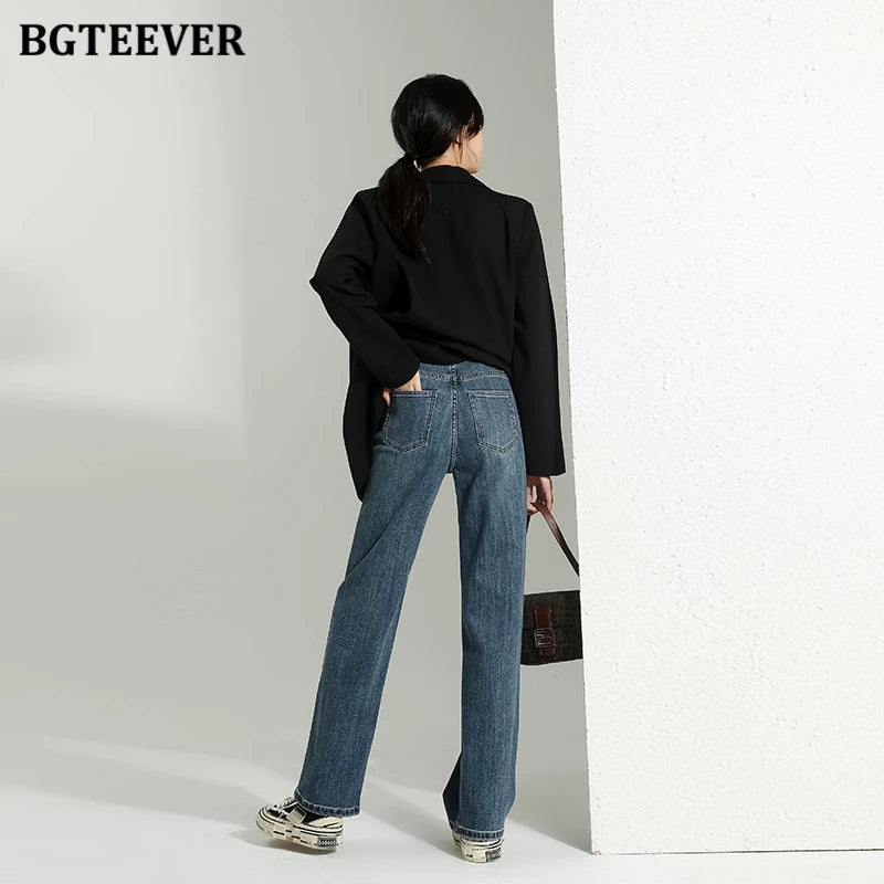 BGTEEVER Vintage Double Buttons Straight Jeans Pants Women Spring Autumn High Waist Loose Pockets Female Wide Leg Denim Trousers