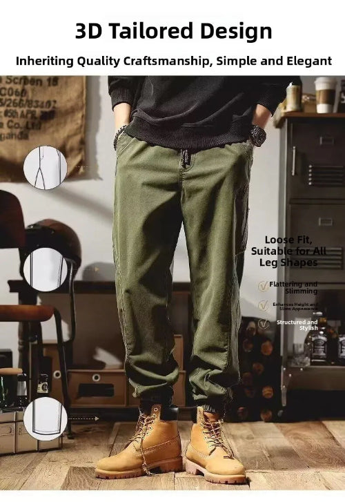 Front view of a model wearing olive green loose-fit cargo pants with a drawstring waist and cuffed ankles, alongside seam detail diagrams.