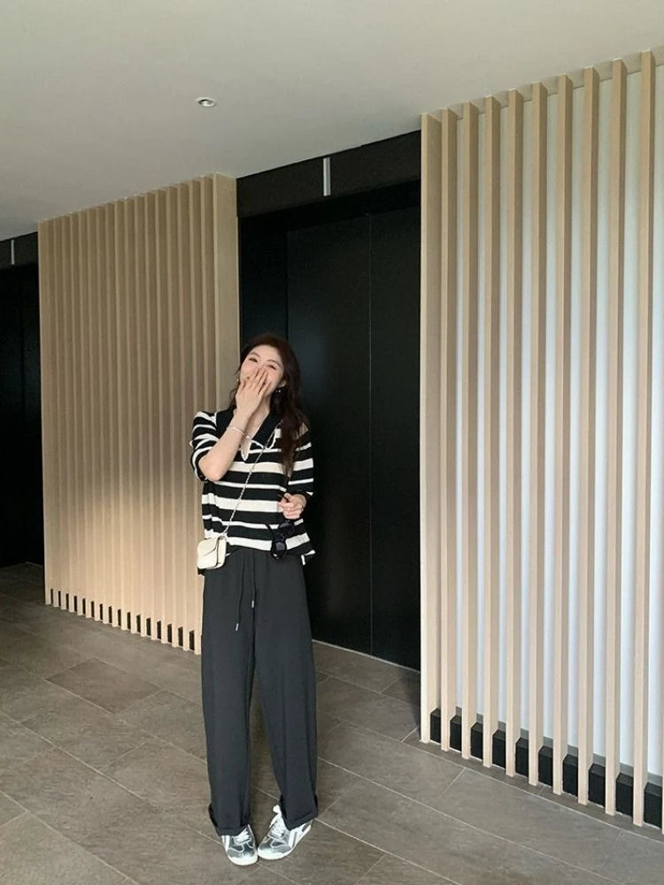 Women High Stretch Polo Shirt 2026 Stripe Short Sleeve Top Casual Color Block Splicing Openwork Knit Blouse