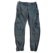 Gray cargo pants laid flat against a white background, showing angled thigh pockets, buttoned flap pockets, side straps, and gathered ankle cuffs.