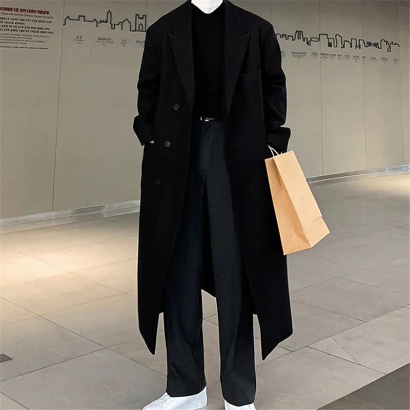 Autumn Winter Male Wool Blend Coats Fashion Long Business Casual Woolen Outwear Men Turn Down Collar Trench Coat Winbreaker Man