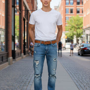 Blue jeans with a brown belt on a white background, featuring the brand 'YYK CLOTH'.