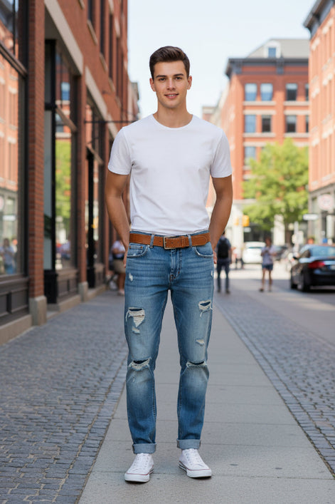 Blue jeans with a brown belt on a white background, featuring the brand 'YYK CLOTH'.
