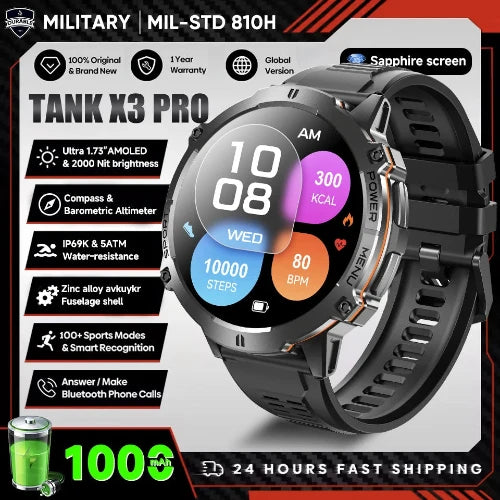 Tank X3 Pro smartwatch with features listed on a promotional graphic