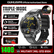 Smartwatch with features highlighted on a promotional graphic for GUHUAVMI.