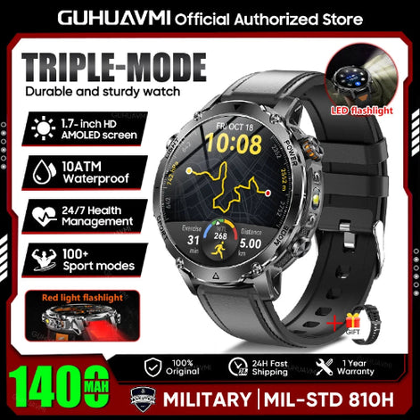 Smartwatch with features highlighted on a promotional graphic for GUHUAVMI.