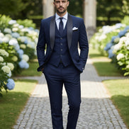 Navy blue suit with black lapels on a light gray background