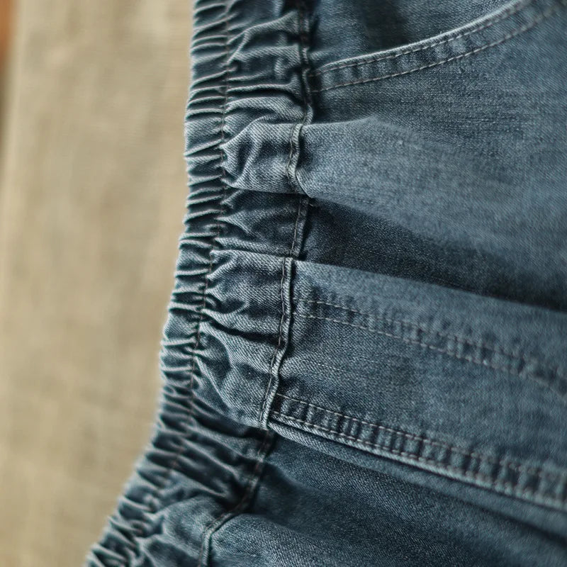 Spring Summer Ethnic Style Vintage Floral Embroidery Denim Wide Leg Pants Women High Elastic Waist Hole Casual Straight Jeans