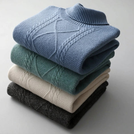 Four folded cable-knit mock-neck sweaters stacked on a dark gray gradient background. From top to bottom, the colors are dusty blue, teal green, cream, and charcoal gray.