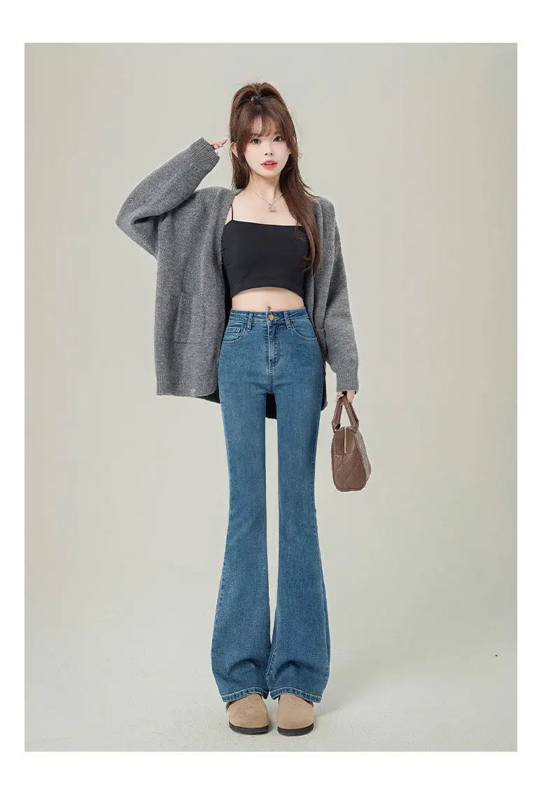 Versatile high-waisted flared jeans for women2024New slim-fit horsehair pants with a niche fashion sense in vintage blue