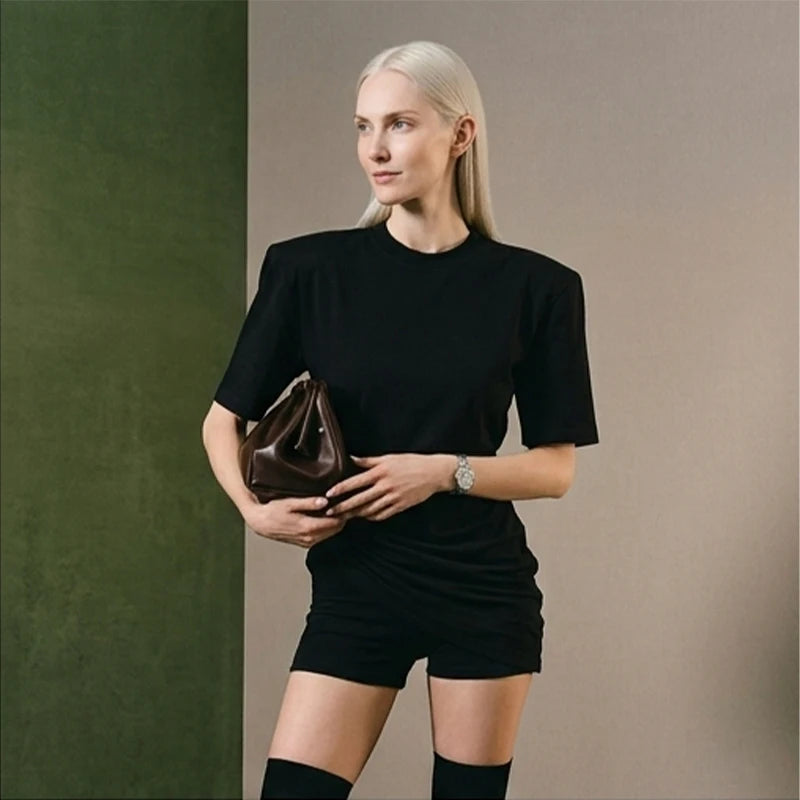Versatile Regular-shoulder T-shirts Women Casual White Round Neck Irregular Hem Pleated Short Top Summer Lady Street Wear New