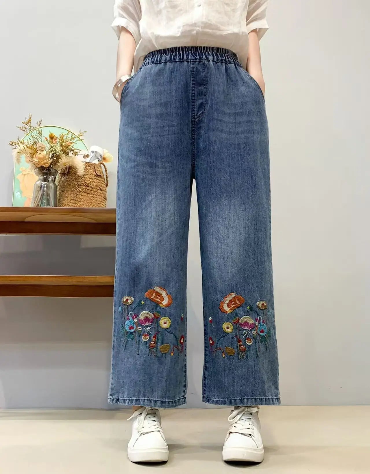 Spring Summer Ethnic Style Vintage Floral Embroidery Denim Wide Leg Pants Women High Elastic Waist Hole Casual Straight Jeans
