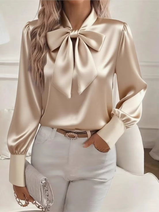 Korean Elegant Office Blouses Women Autumn Fashion Bow Neck Blusas Puff Sleeve Shirts Mujer Tops Spring Casual Solid Work Shirt