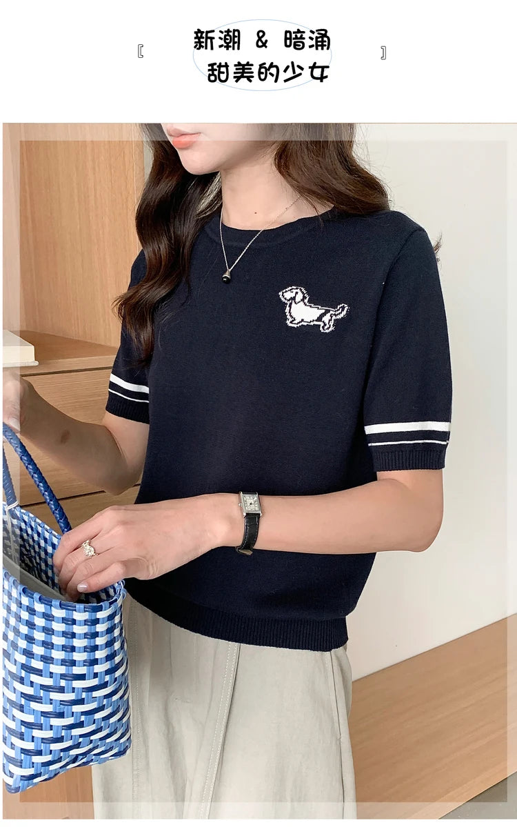 Summer 100% cotton women's T-shirt casual solid color knitted pullover short sleeved loose round neck Tees Pull embroidered Tops