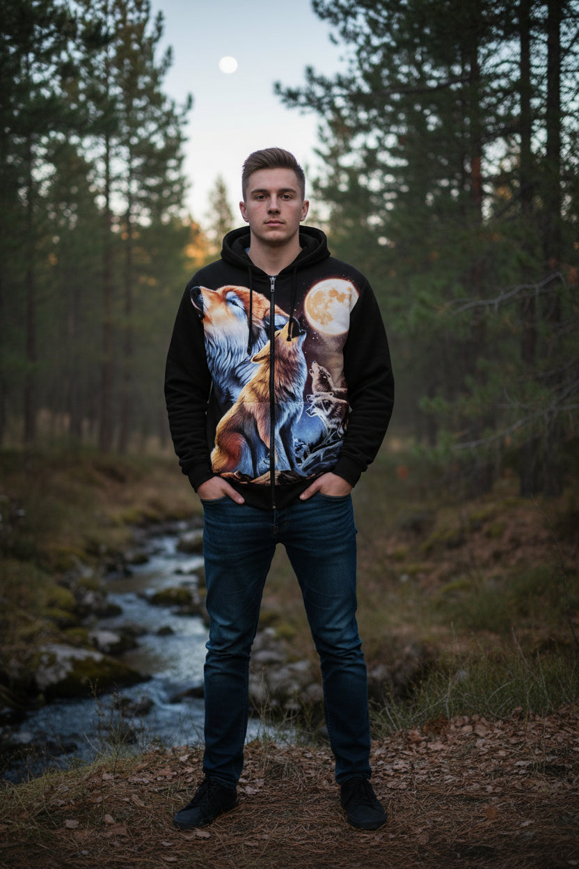 Hoodie with wolf design and moon on a white background