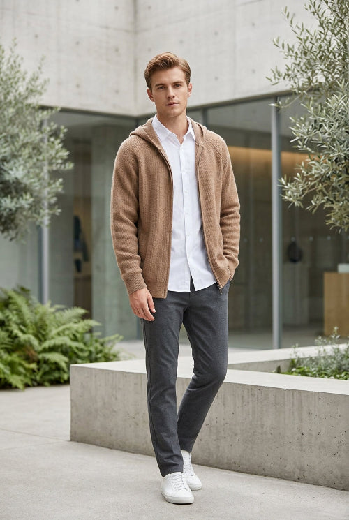 Brown hoodie on a wooden hanger against a white background