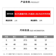 Product information and size chart for a white top. The chart shows product color as white and lists sizes S, M, and L with sleeve, length, chest, and length measurements.