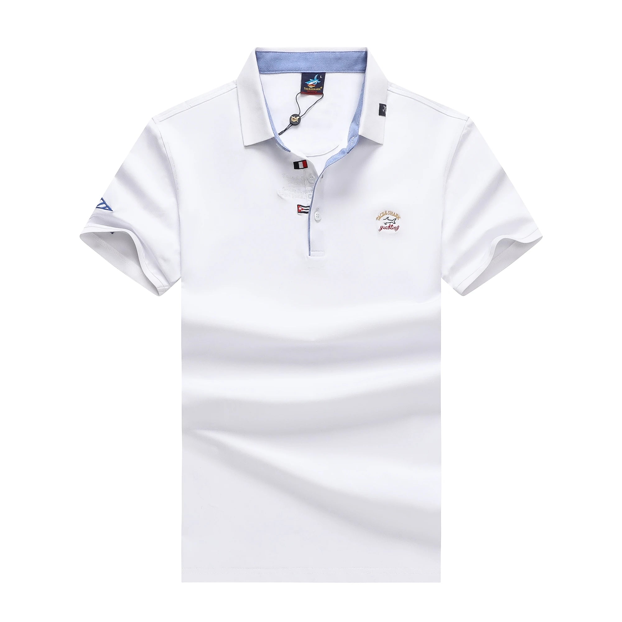 A white short-sleeve polo shirt with a light blue inner collar, featuring a small embroidered logo on the left chest and a small flag detail on the placket.