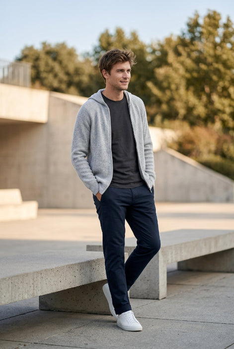 Gray zip-up hoodie on a hanger against a gray background