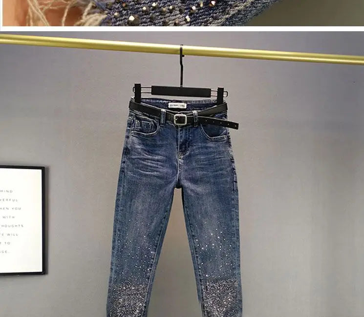 Heavy Industry Hot Diamond Jeans for Women 2026 Summer New Thin Slim High Waist Versatile Seven Point Jeans Female Casual Pants