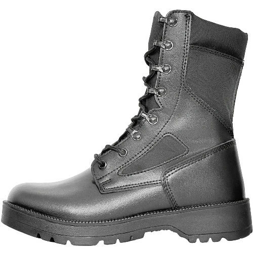 Gray leather boot with laces on a white background