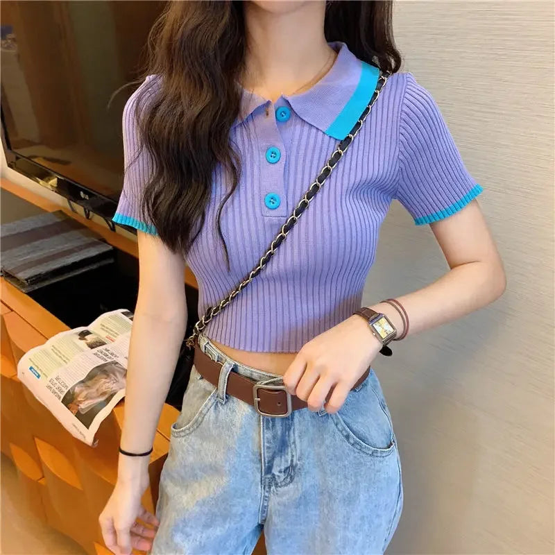 Women's Polo Shirts Sexy Crop Top Button Female Tee Knitted Slim with T-shirts Collar Korean Clothing Pulovers Trend 2025 Summer
