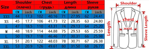 A size chart and measurement diagram for a men's suit jacket, showing size labels from XXS to XL with corresponding chest, length, and sleeve measurements in both centimeters and inches, 