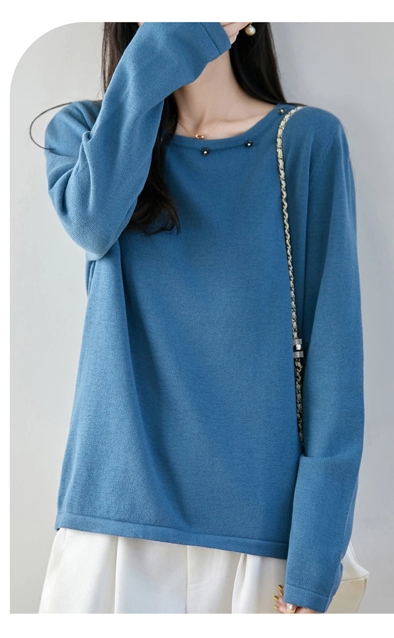 High end fashion 100% pure cotton women's sweater casual knitted round neck pullover autumn and winter solid color women's top