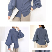 Collage of a person wearing a blue shirt with long sleeves and a high collar.