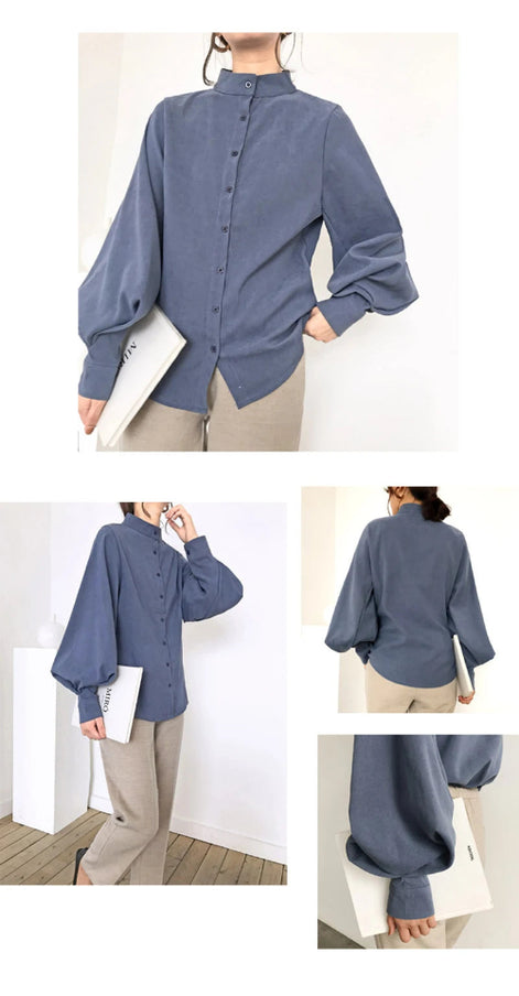 Collage of a person wearing a blue shirt with long sleeves and a high collar.
