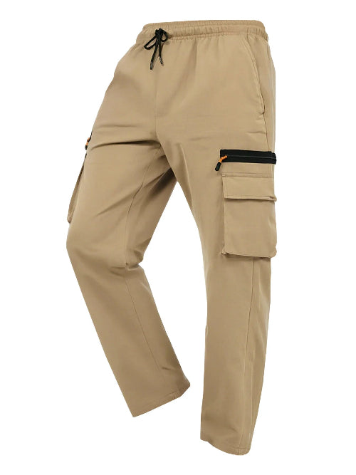 Khaki cargo pants with cargo pockets and a drawstring waist shown at an angle on a white background