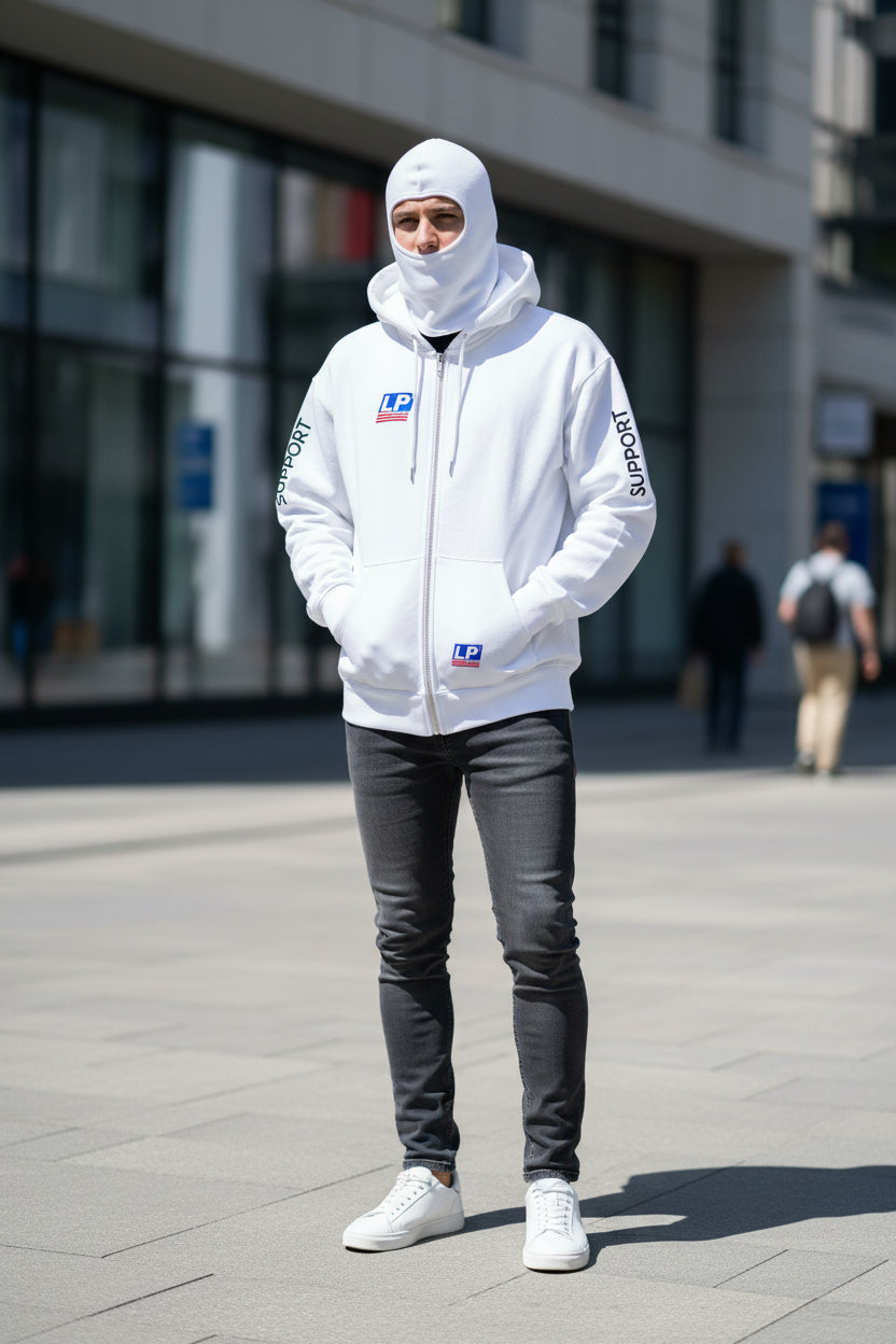 A white zip-up hoodie with a front kangaroo pocket, featuring 'SUPPORT' printed in black on both sleeves and a small 'LP' logo patch on the left chest and lower front pocket. The hood is up, and the image is shot against a plain white background.