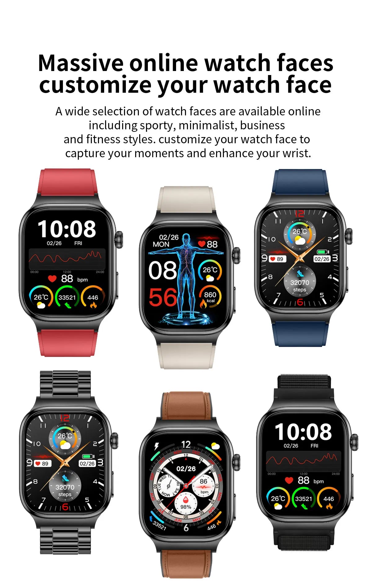 Collection of smartwatches with different watch faces on a white background