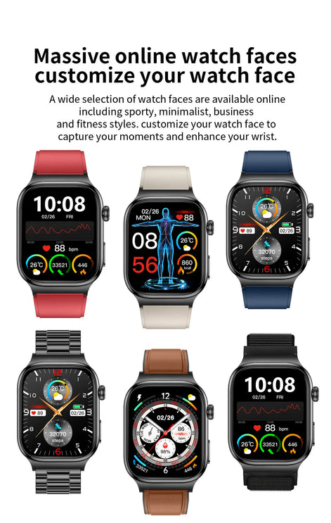 Collection of smartwatches with different watch faces on a white background