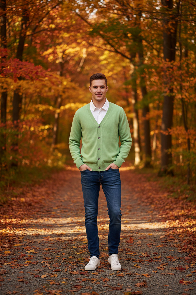 Green cardigan over a white shirt on a wooden hanger against a dark wall.
