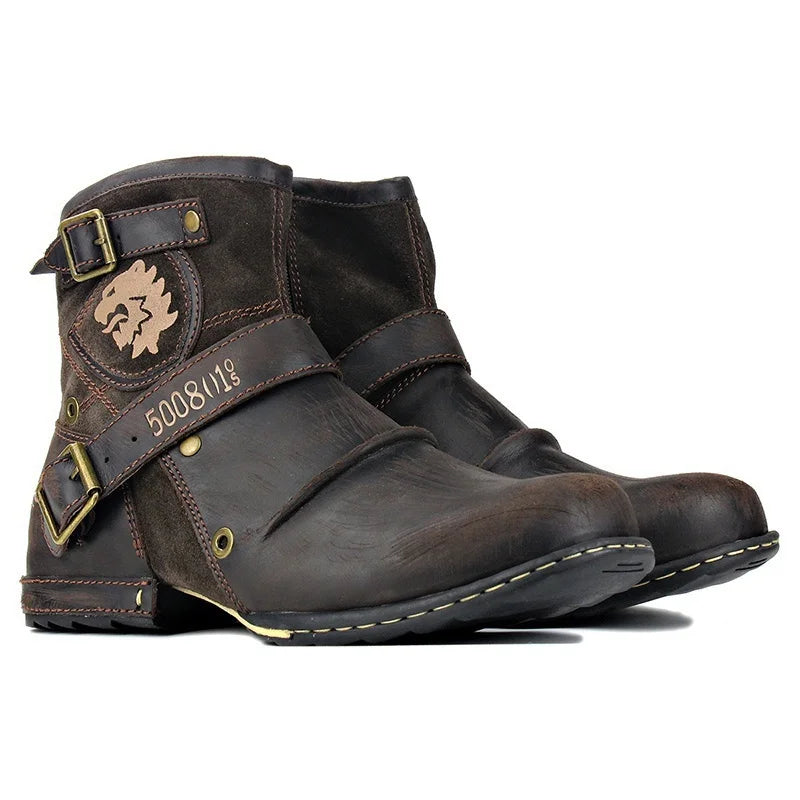 Men's Ankle Boots High Quality Cowboy Boots Men Metal Buckle Side Zipper Motorcycle Boots Gothic Boots Retro Western Boots