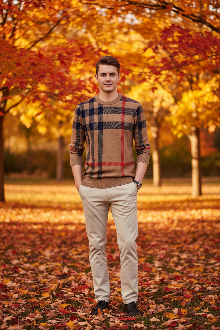 Plaid sweater with brown, red, and blue pattern worn by a person on a gray background