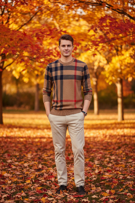 Plaid sweater with brown, red, and blue pattern worn by a person on a gray background